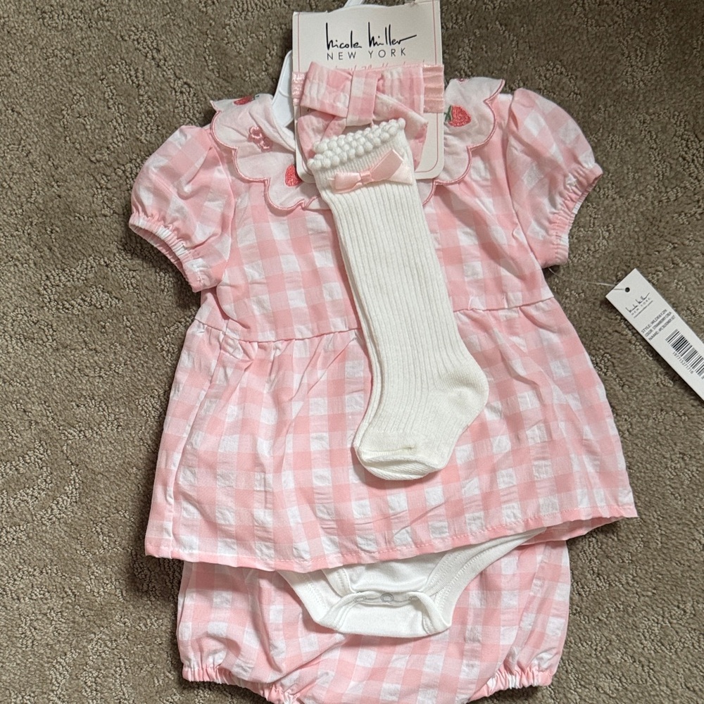 Nicole Miller Pink Gingham Dress Set with Cream Socks